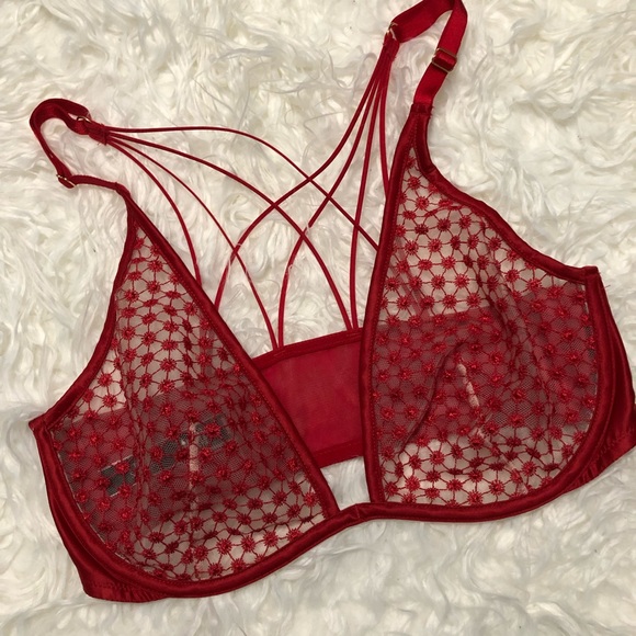 NWOT Victoria’s Secret 36D & Medium Tanga LUXE Unlined Mesh Plunge Bra Red Set - Picture 6 of 10